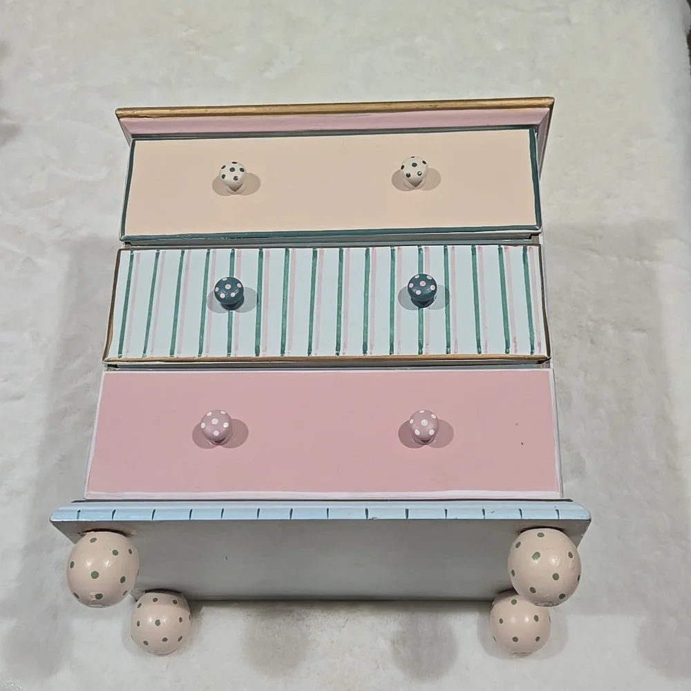 Hand painted jewelry chest blue, pink, yea, gold, peach